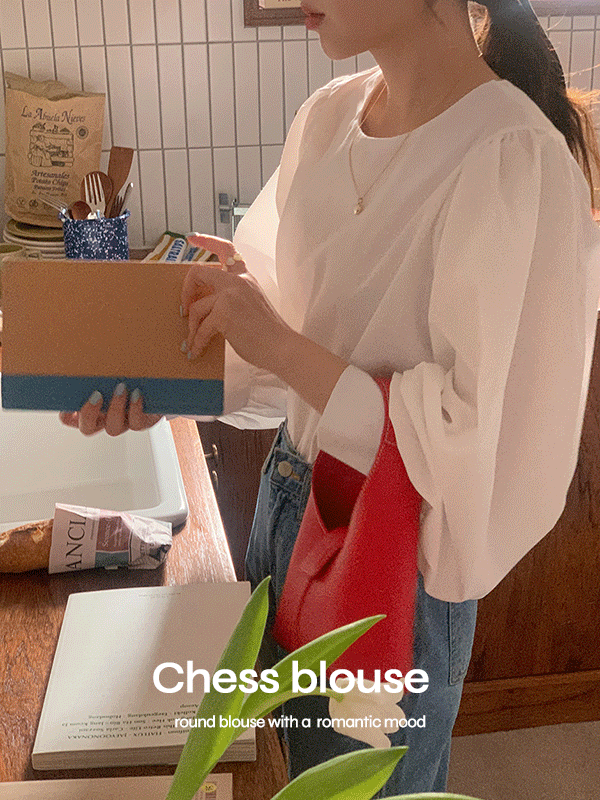 체스 라운드넥 셔링 봄 퍼프 루즈핏 블라우스(3color)