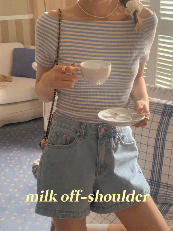 [🍉얼리썸머]밀크 스트라이프 오프숄더 슬림 여름 반팔 티셔츠(3color)