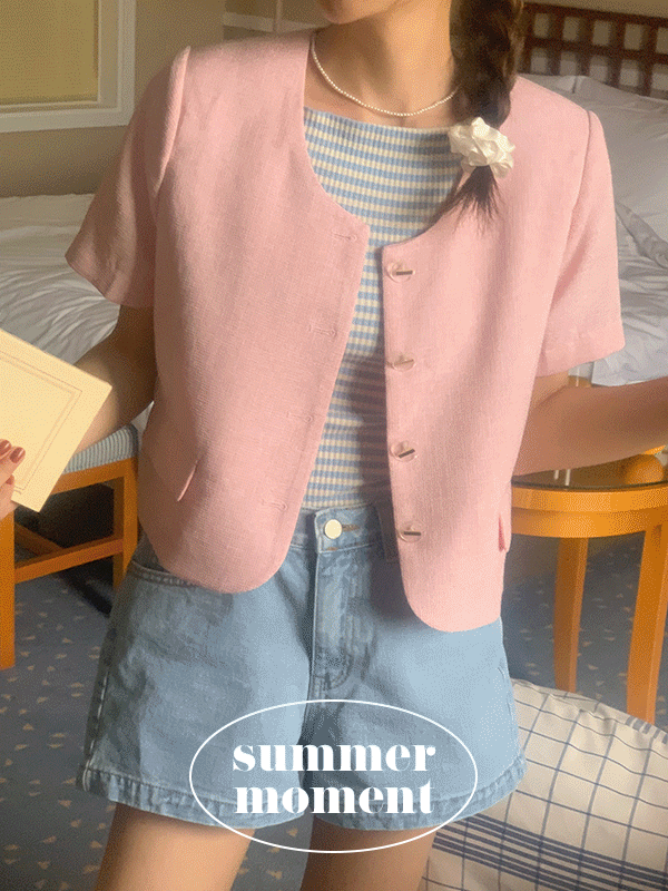 레이어 여름 트위드 노카라 반팔 크롭 자켓(2color)