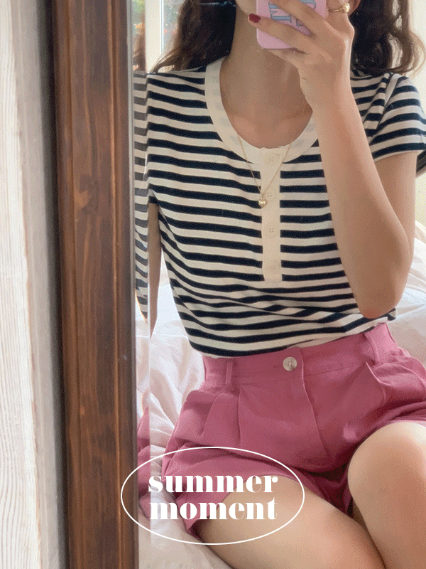 칠리 버튼 스트라이프 여름 반팔 티셔츠(3color)