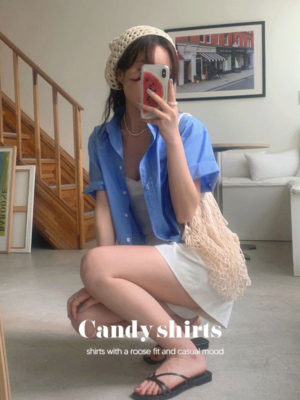 캔디 여름 크롭 루즈핏 반팔 카라 블라우스 셔츠(5color)
