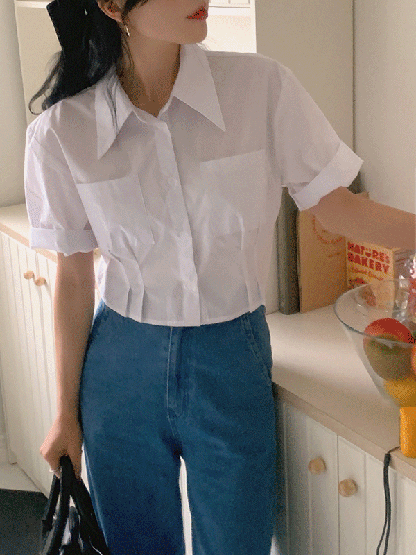 잔느 핀턱 카라 크롭 여름 반팔 셔츠(4color)