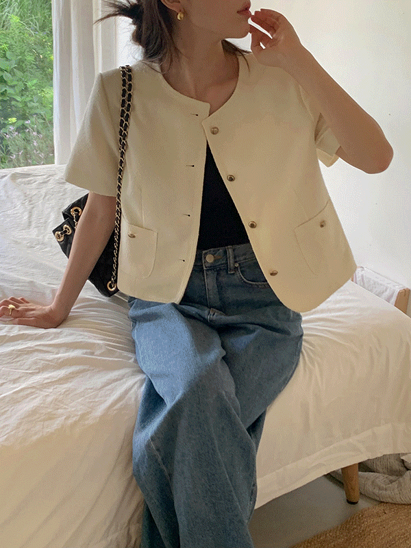 [🤍하객룩/고퀄리티]베니티 여름 하객룩 노카라 반팔 트위드 자켓(3color)